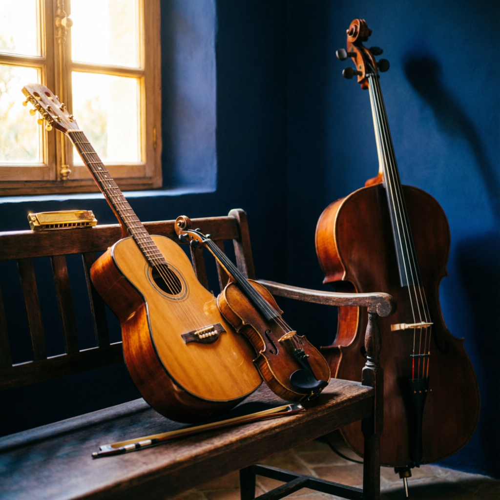 Vintage musical instruments bathed in Mediterranean light